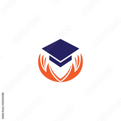graduation logo with toga hat and hand icon symbol in flat vector design style