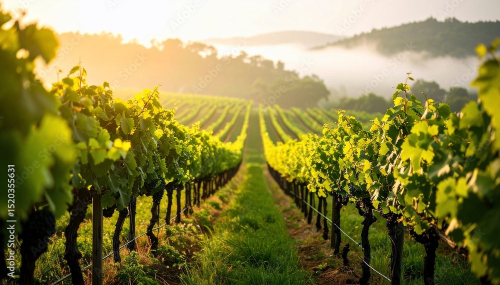 Naklejka premium Sunlit Vineyard Rows at Dawn