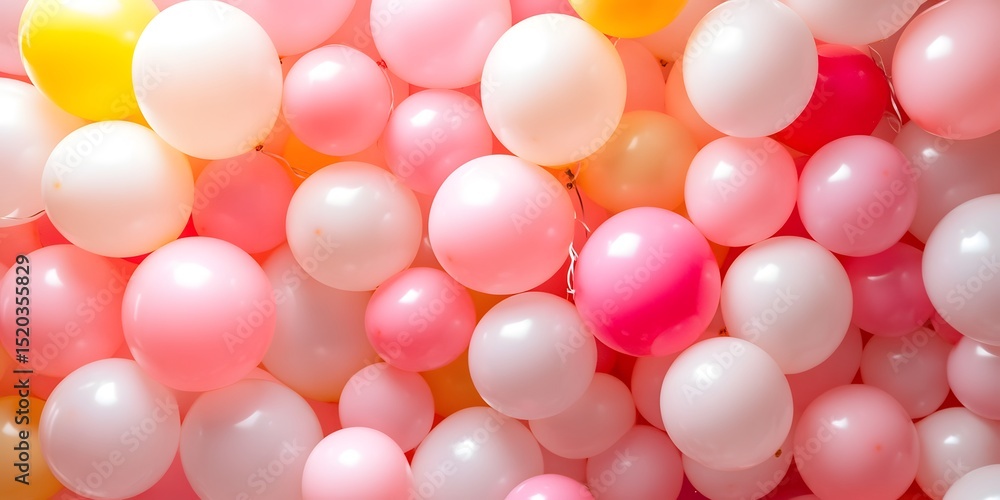 A vibrant collection of colorful balloons in shades of pink, yellow, and white, perfect for celebrations, parties, and festive occasions A vibrant collection of colorful balloons in shades of pink, yellow, and white, perfect for celebrations, parties, and festive occasions