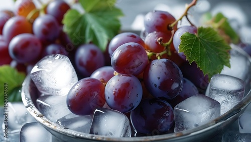 Refreshing Red Grapes on Ice: Juicy Summer Fruit in a Metal Bowl, Perfect for a Cool Treat