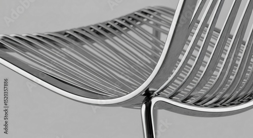 Close-up of a monochrome metal chair with curved design and multiple lines. The chair is positioned against a soft, neutral background.