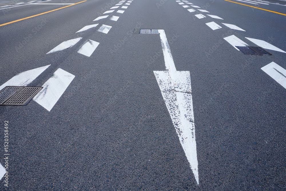 Close-up of asphalt road with several white directional arrows showing lane usage and turns, some paint worn and road drains visible, urban street scene Close-up of asphalt road with several white directional arrows showing lane usage and turns, some paint worn and road drains visible, urban street scene