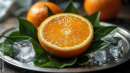 Juicy Orange Slice on Green Leaves with Ice Cubes Refreshing Citrus Fruit Summer Still Life Photography