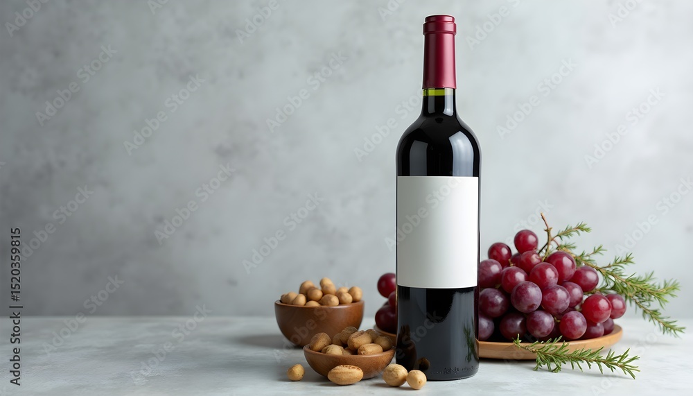 Obraz premium A bottle of wine with a blank label next to a bowl of grapes and peanuts