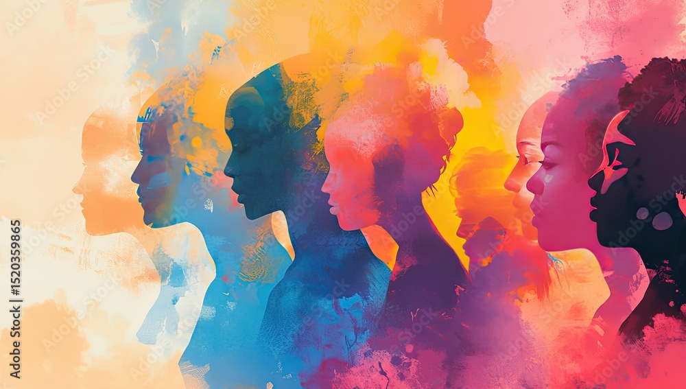 Diverse women in profile, vibrant colors Diverse women in profile, vibrant colors