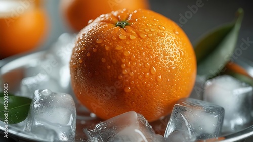 Juicy Orange Slices Resting on Ice Cubes Refreshing Summer Fruit Closeup Photography