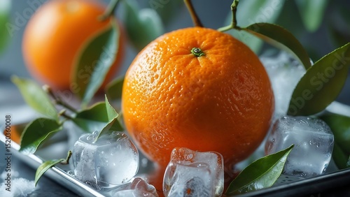 Juicy Orange Fruit with Ice Cubes and Lush Green Leaves, Refreshing Summer Citrus Still Life Photography