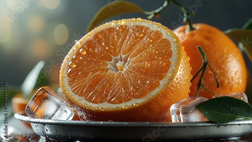 Juicy Orange Slices with Ice Cubes Refreshing Summer Citrus Fruit Closeup Photography