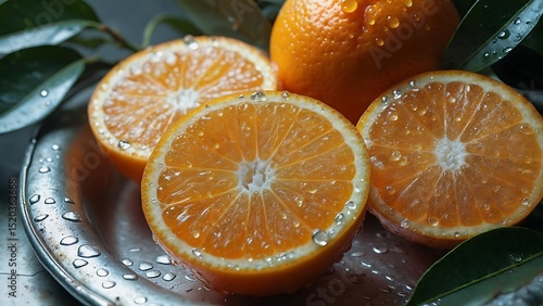 Juicy Orange Slices Glistening with Dewdrops on a Metal Plate, Fresh Citrus Fruit Closeup