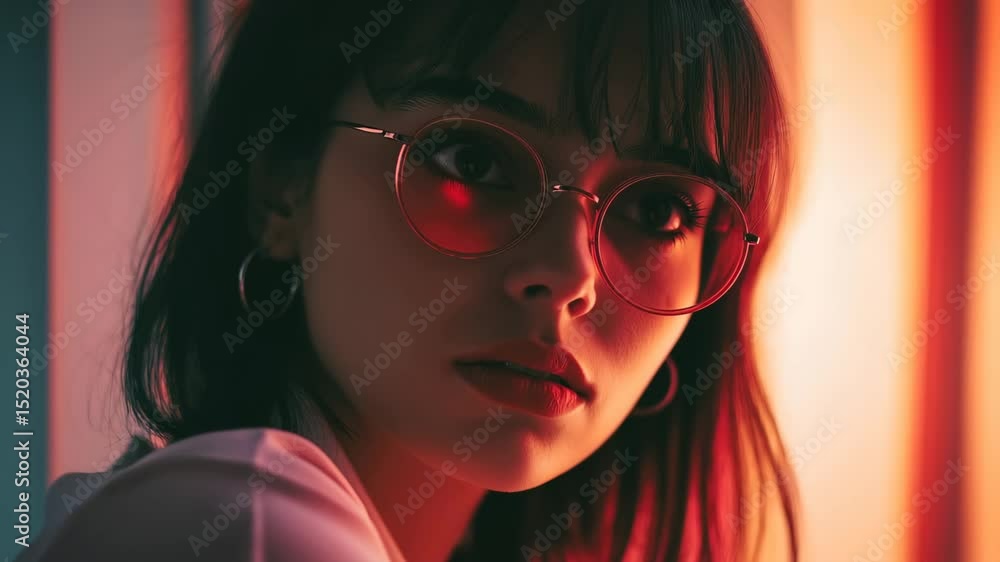 Intriguing woman in neon light with glasses: mysterious gaze and shadows Intriguing woman in neon light with glasses: mysterious gaze and shadows