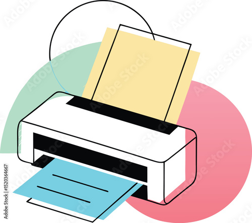 Vector illustration of a modern printer printing documents with abstract elements