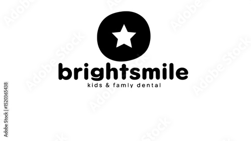 "Minimalist dental logo for children and families: central teal-green smile graphic with a bright white five-pointed star above. Brand name 'BrightSmile' in bold, modern font above and below the smile