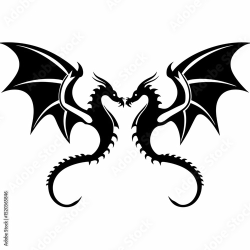 Two dragons facing each other black silhouette vector art fantasy mythical creatures design element tattoo idea drawing