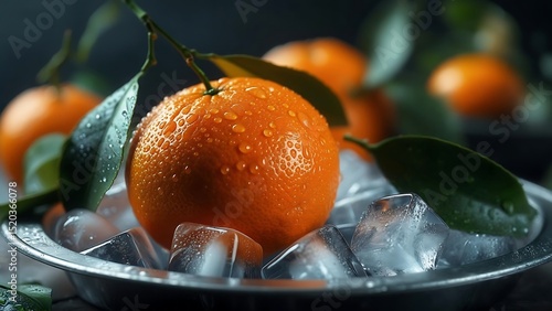 Juicy Orange Citrus Fruit on Ice Cubes with Lush Green Leaves a Refreshing Summer Treat