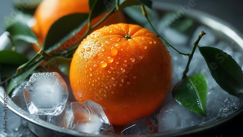 Juicy Oranges on Ice Refreshing Citrus Fruit Still Life Photography with Green Leaves