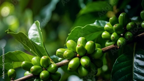 Green unripe coffee beans growing on a branch among lush green leaves in a coffee plantation on a sunny day for coffee cultivation.