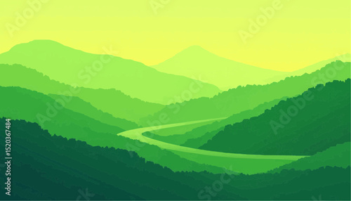 Green Mountain Valley with Road Landscape Illustration