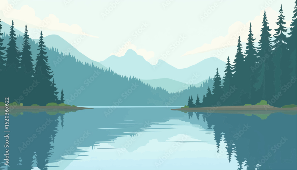 Fototapeta premium Lake and Mountain Landscape with Tree Reflection