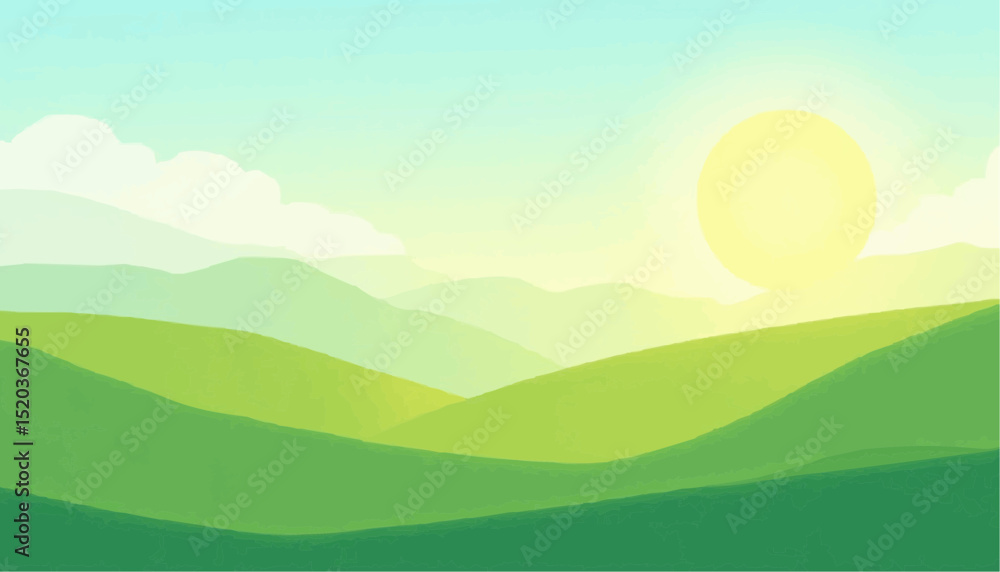 Fototapeta premium Green Hills and Blue Sky Landscape