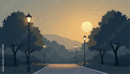 Park Road at Sunset with Trees and Streetlights