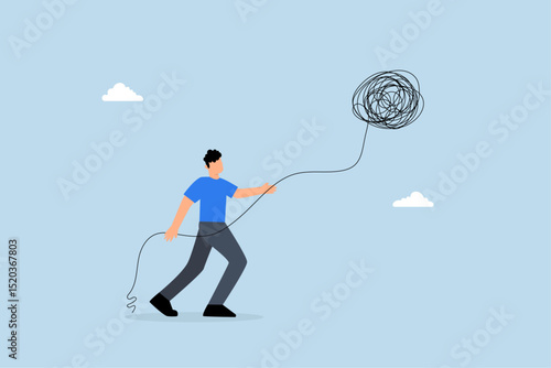 Crisis management, businessman calmly control and unravel mess line issue.