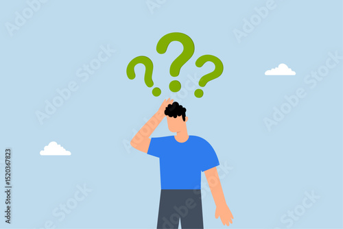 thinking to make decision. Businessman with suspicious gesture thinking about something with question mark.