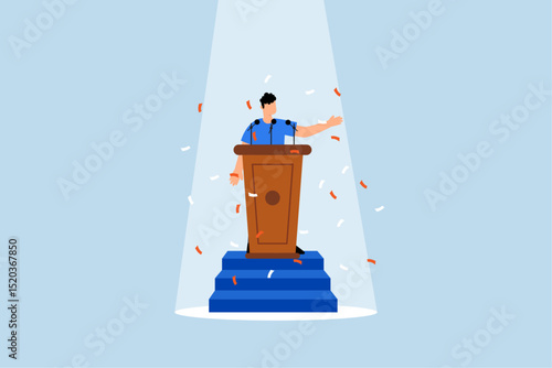 Public speaking skill, Confident businessman speaking on stage with podium, microphones, and lights.