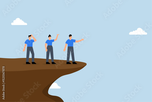 Wrong decision making, Stupid boss manager directing employees to jump off cliff.