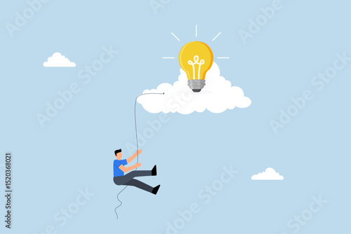 Creative idea, creative man climbing rope to upper cloud to find light bulb idea.