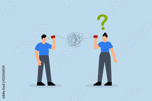 Bad communication, businessman talks through confused chaos, tangled phone line confuses others.