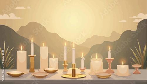 Candle arrangement on table against mountain background