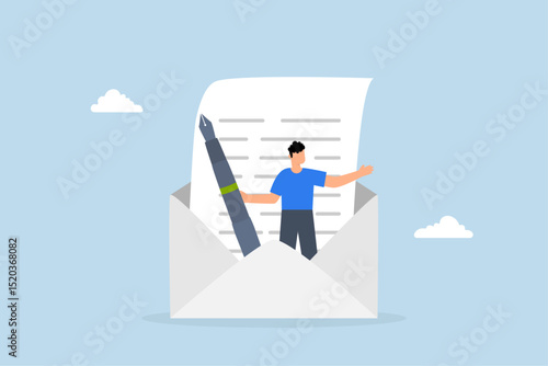 Writing email like professional, businessman opens mail envelope and holds fountain pen