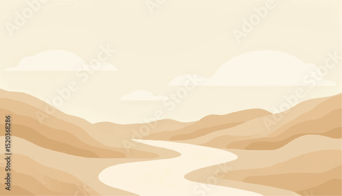 Desert Landscape with River and Clouds Illustration