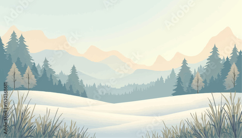 Winter Landscape with Snow and Evergreen Trees