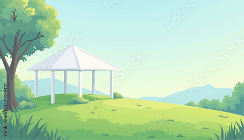 White gazebo on a green hill landscape