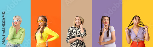 Set of many beautiful women with different hairdo on color background