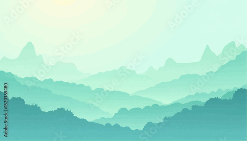 Mountain landscape in blue and green shades