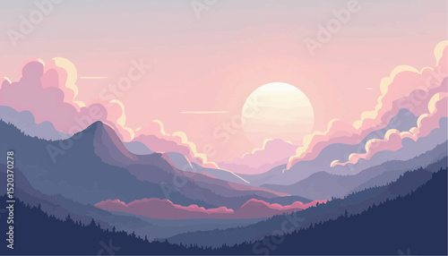 Mountain Landscape with Clouds and Rising Sun Illustration