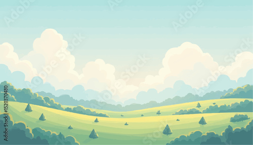 Green Field Landscape with Trees and Clouds