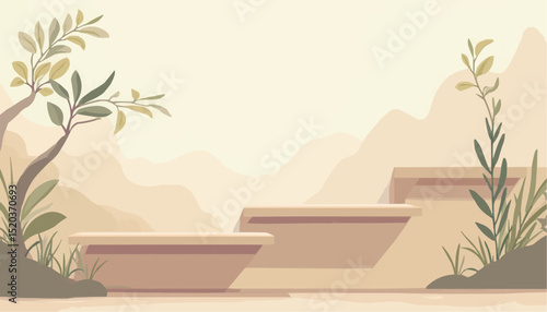 Product display with steps and plants on a background with mountains