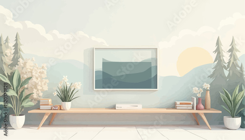 Living room with painting, bookshelf, plants and painted mural