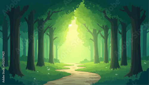 Forest Path Illustration Green Trees and Sunlight