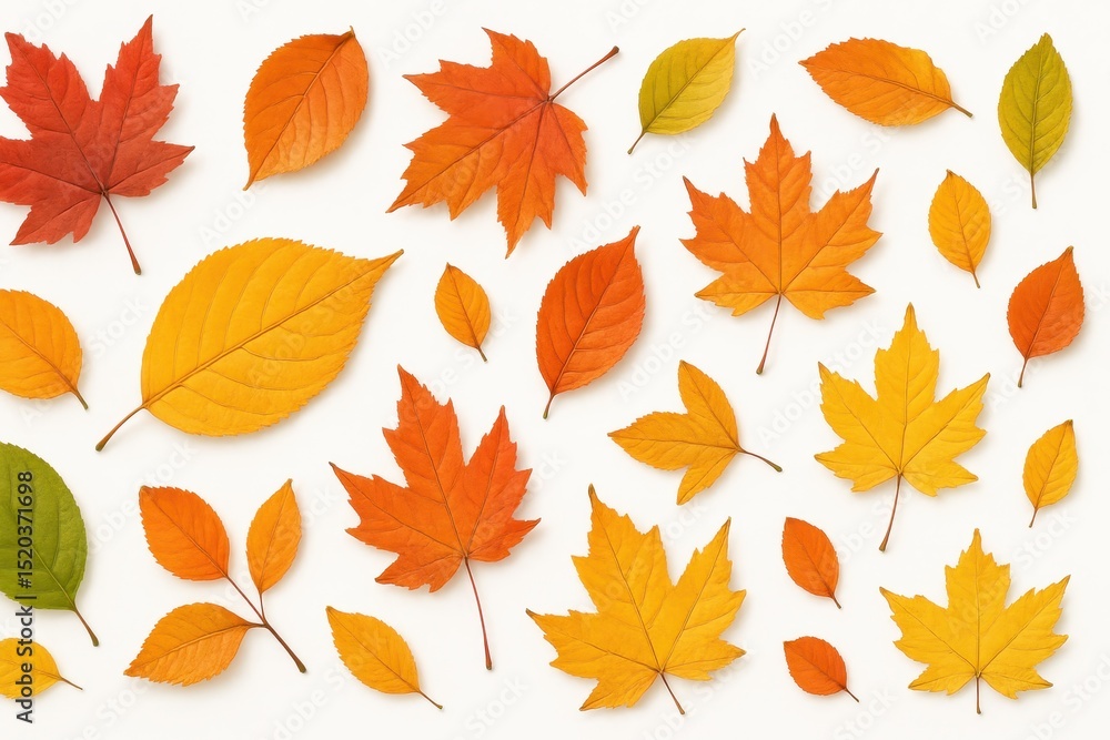 Fototapeta premium Artistic flat lay of diverse autumn leaves (maple, oak, ginkgo, aspen) in a vibrant spectrum of reds, oranges, yellows, and browns, meticulously arranged and isolated on a clean white background.