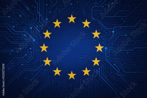 Conceptual image of the European Union flag with a superimposed, glowing network of interconnected data points and the text 