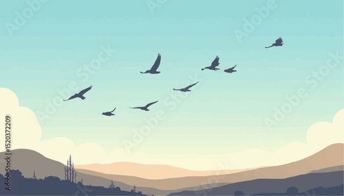 Birds Flying Over Mountain Landscape at Sunset