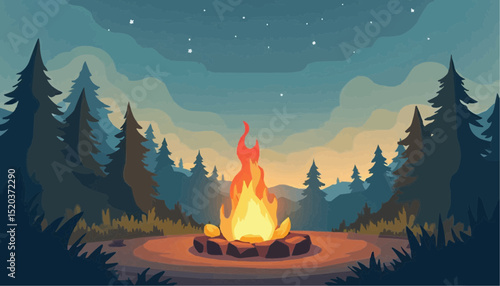Campfire at night in a forest scene