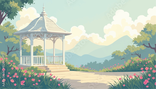 Gazebo with Flower and Landscape Illustration