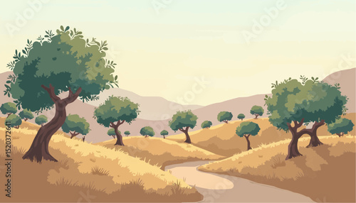 Olive Tree Landscape with Path and Hills