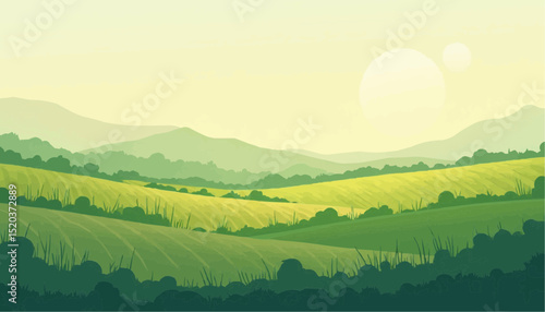 Green Field Landscape with Hills and Sun