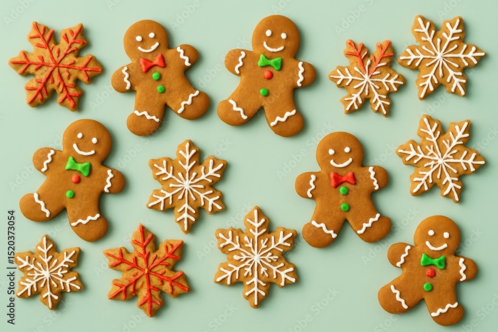 Festive arrangement of intricately decorated gingerbread cookies (stars, trees, snowmen) lightly dusted with powdered sugar, displayed on a soft pastel pink or blue background, with ample copy space. Festive arrangement of intricately decorated gingerbread cookies (stars, trees, snowmen) lightly dusted with powdered sugar, displayed on a soft pastel pink or blue background, with ample copy space.